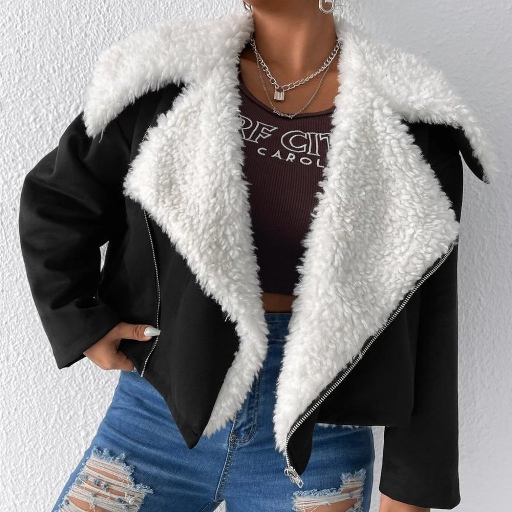 PLUS teddy lined PU leather moto jacket casual contemporary - Picture 5 of 5